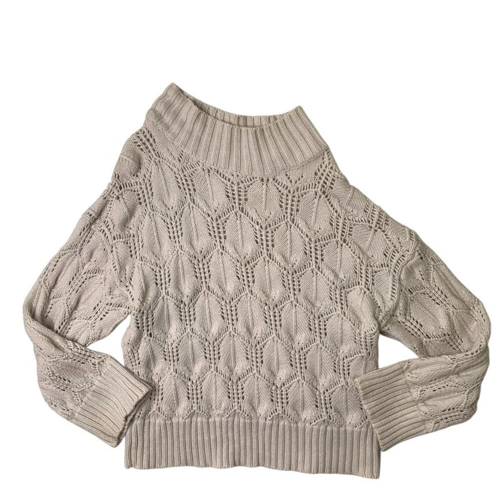 Joie Sweater Womens M Medium Beige Wool Mock Neck Pointelle Oversized Pullover